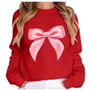 Ladies Fashion Casual Bow Print Round Neck Long Sleeve Hoodie Top Pullover Fall Sweaters Women Alien Sweatshirt Hoodie Drawstring Pullover Big Hoodies Women Crop Sweater Women Hi Low Hoodies Women