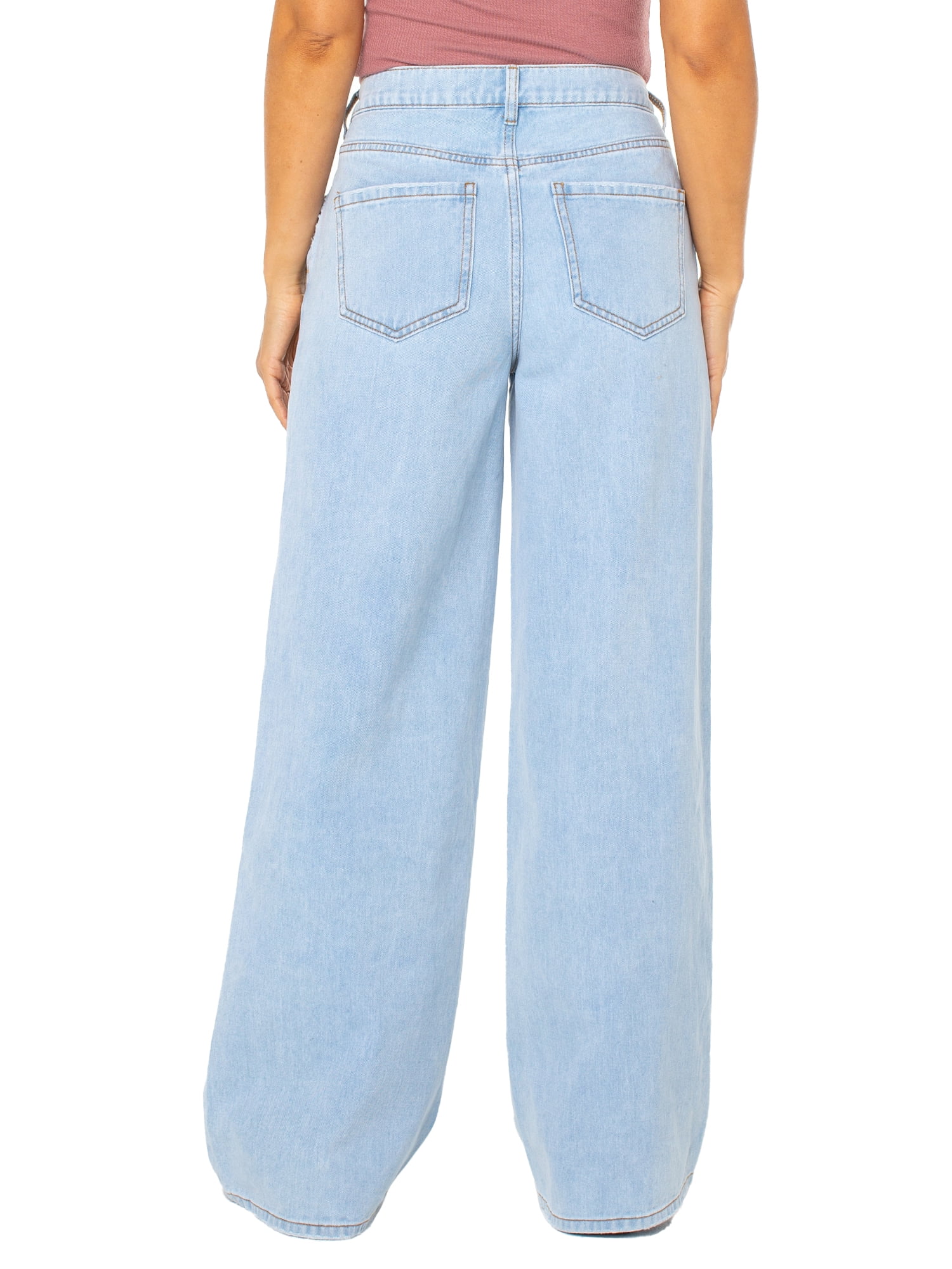 【WONDER WONDER】Denny Pink Unique Wash Wide Long Denim Pt Celebrity Pink Juniors Denim Wide Leg with Adjustable Waist