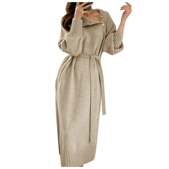 Ediodpoh Women Elegant Sweater Dress Turtleneck Long Sleeve Button up Knitted Sweater Dresses Loose Maxi with Belt Beige L