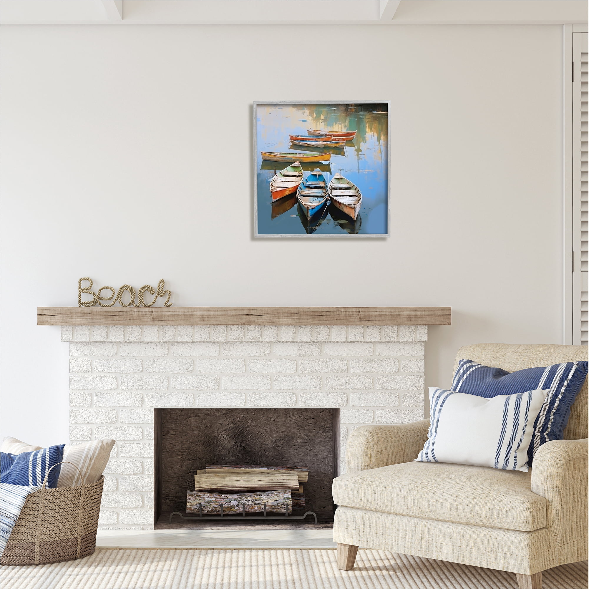 Stupell Industries Canoe Reflections in Lake Transportation Painting Gray Framed Art Print Wall Art, 24 x 24