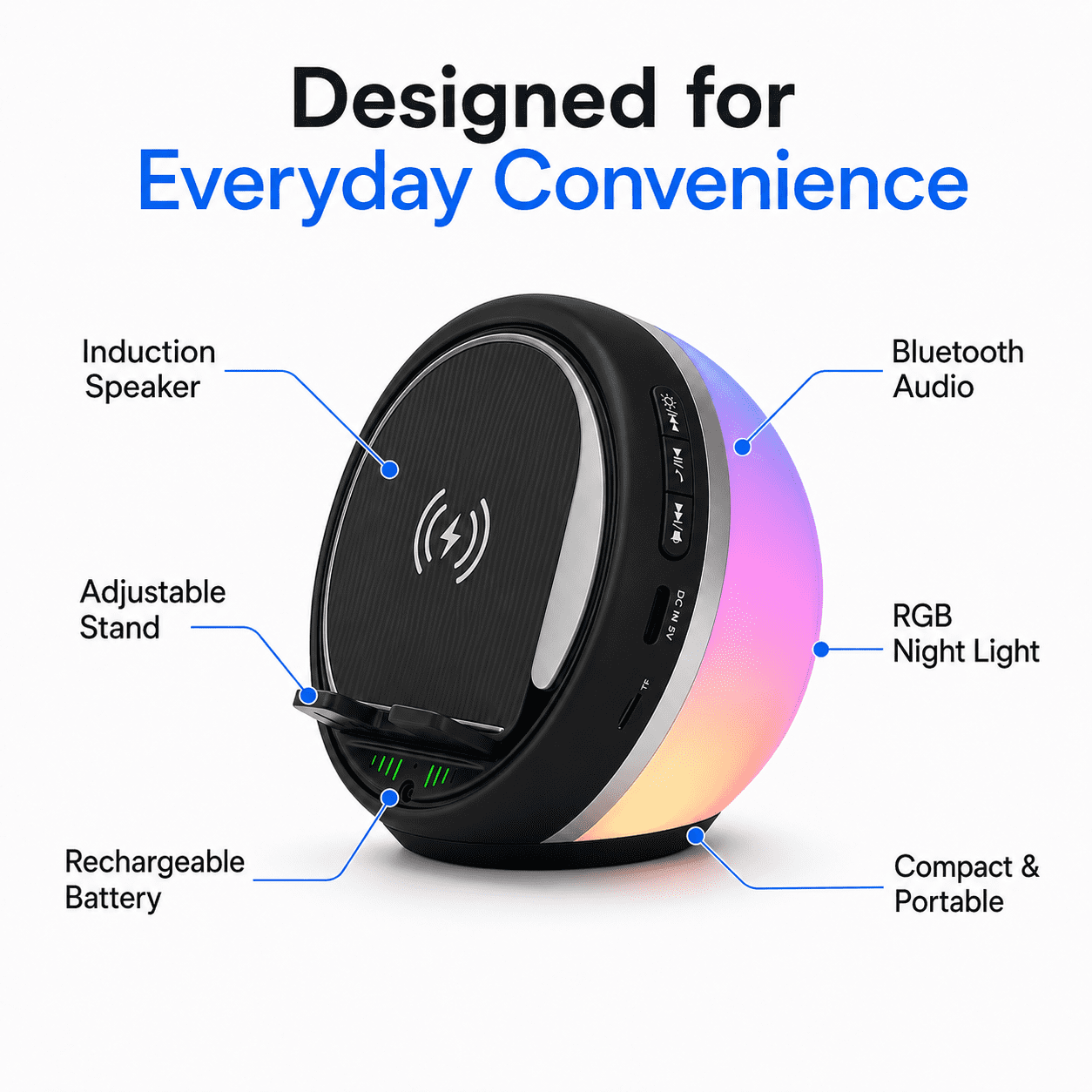JDMEOPD 5-in-1 Induction Speaker Phone Stand with RGB Night Light, Rechargeable Bluetooth Desk Speaker, Gift for Men Women