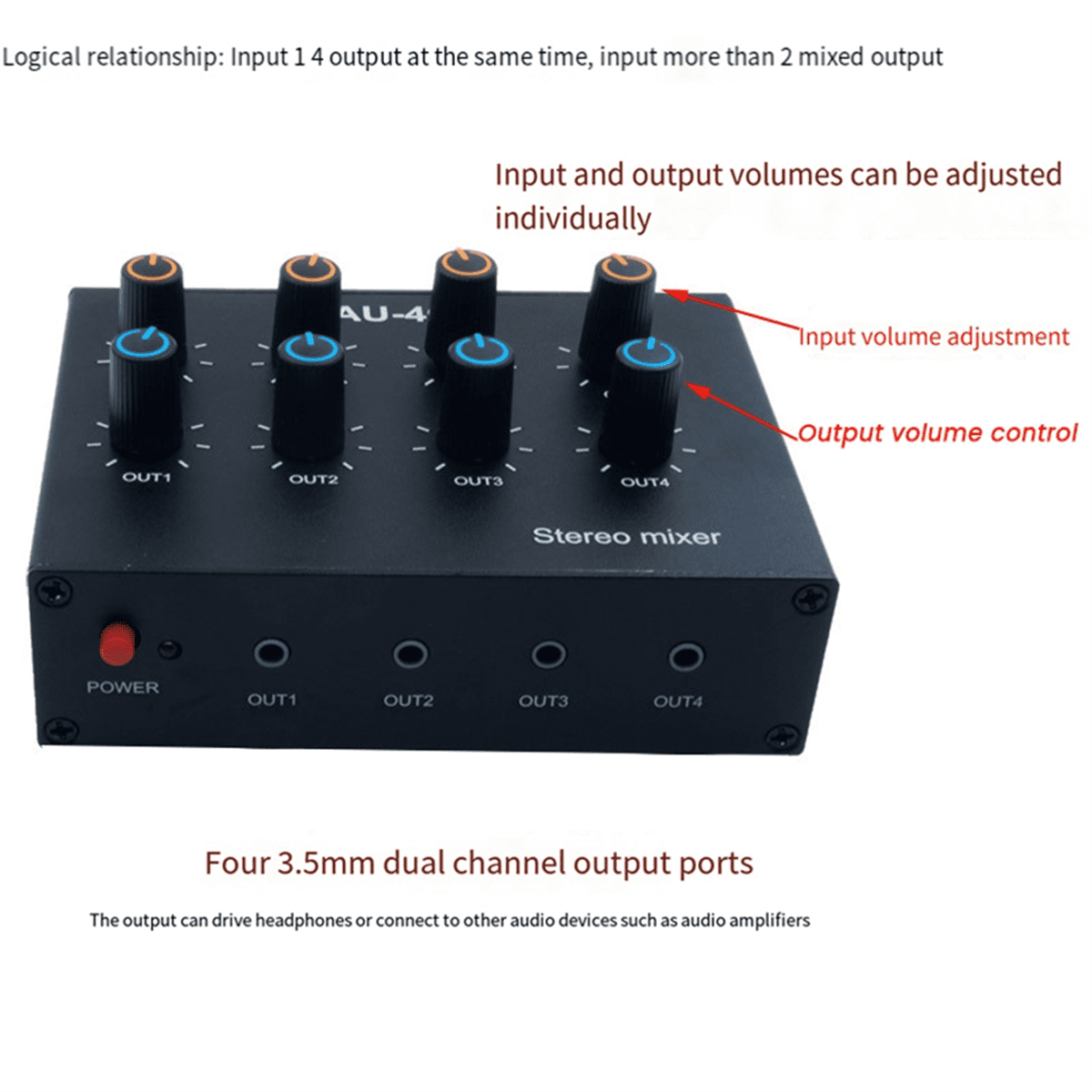 AU-404 Stereo Sound Four Multi Input Output Mixer Dual Channel Audio Music Mixing Four in Four Out,1 x Stereo Mixer,Black
