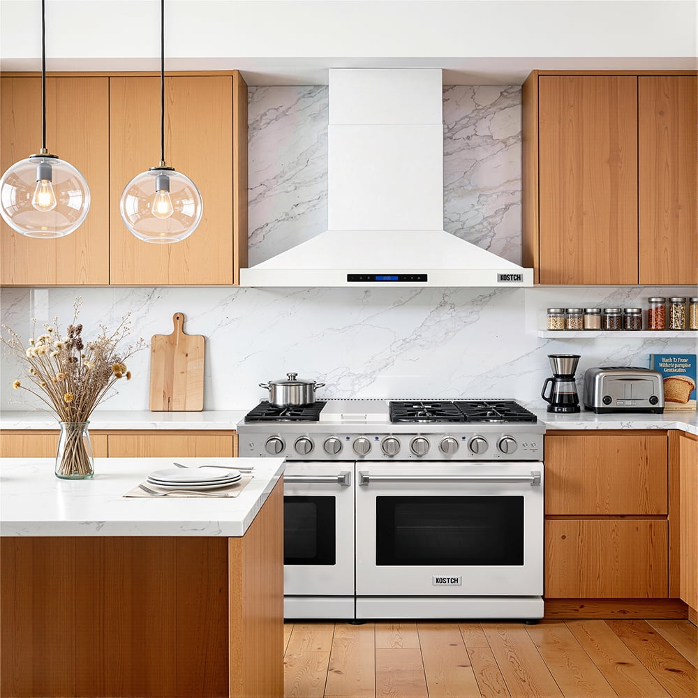 KOSTCH 48 inch Convertible Ducted Wall-Mount Range Hood, 1200 CFM Kitchen Vent Hood with 3 Speed Exhaust Fan & LED Light, Kitchen Range Hood with Touchscreen Control Panel & Remote Control