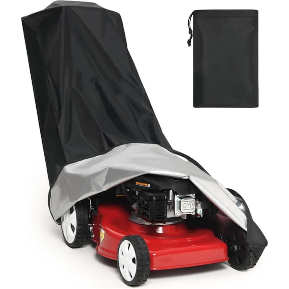 FFORCE Lawn Mower Cover with Storage Bag. Made from heavy-duty 420D polyester oxford fabric, suitable for walk-behind mowers (Dimensions: 76.77 inches L × 25.98 inches W × 44.09 inches H).