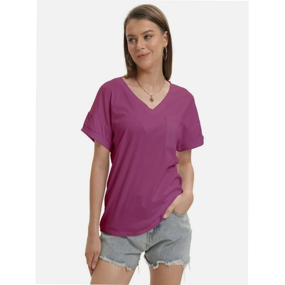 Women's Short Sleeve V-Neck Shirts Loose Casual Tee T-Shirt