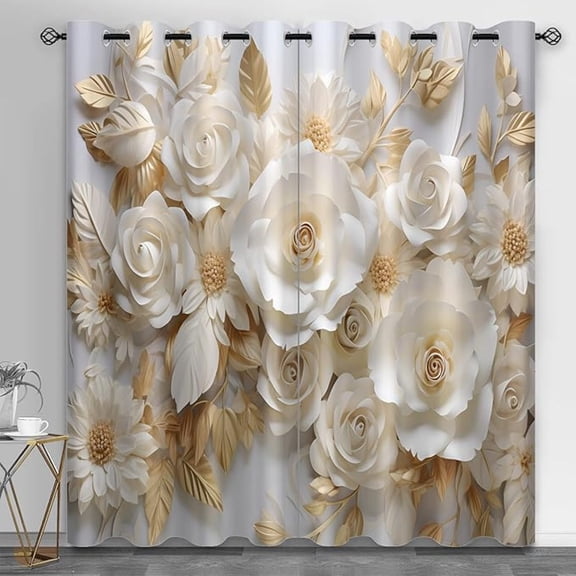 Modern Floral Grommet Curtain, White Gilt Flower Blackout Curtains For Bedroom, Soundproof Shades For Living Room, Relief Art Window Drapes, Floral Home Decor 26"W x 63"L (Pack of 2)