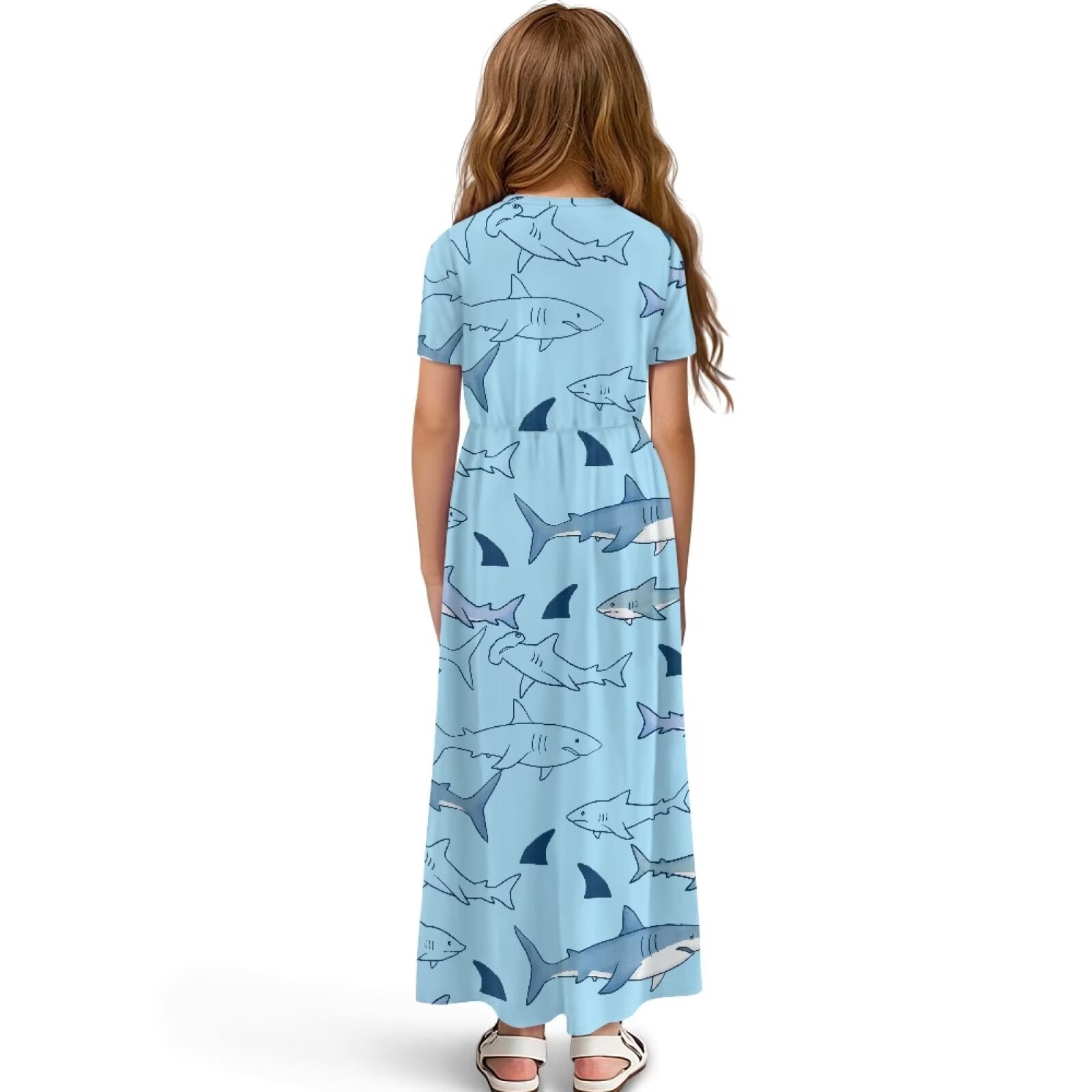 Uourmeti Blue Shark Print Girls Maxi Summer Dress with Pocket Short Sleeve Spring Boho Long Sundress Casual School for Kids, Size 5-6 Years