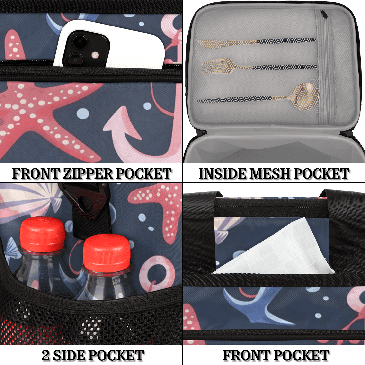 Herdesigns Nautical Starfish Shell Anchor Large Lunch Box for Adults Women Men with Adjustable Shoulder Strap, Insulated Reusable Lunch Bag Leakproof Cooler Tote Bag