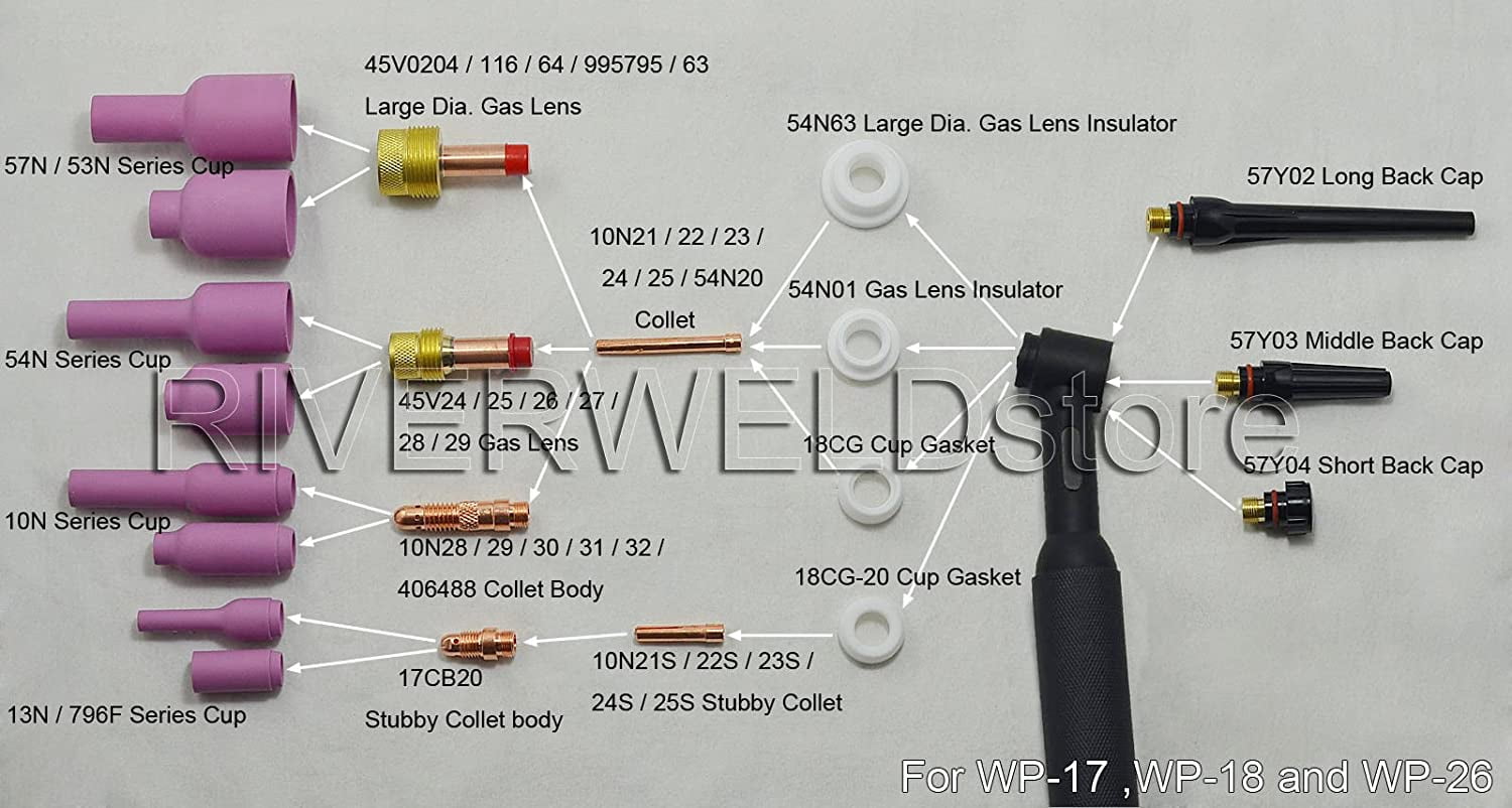 RIVERWELD TIG Gas Lens Aluminia Nozzle Ceramic Cup Long