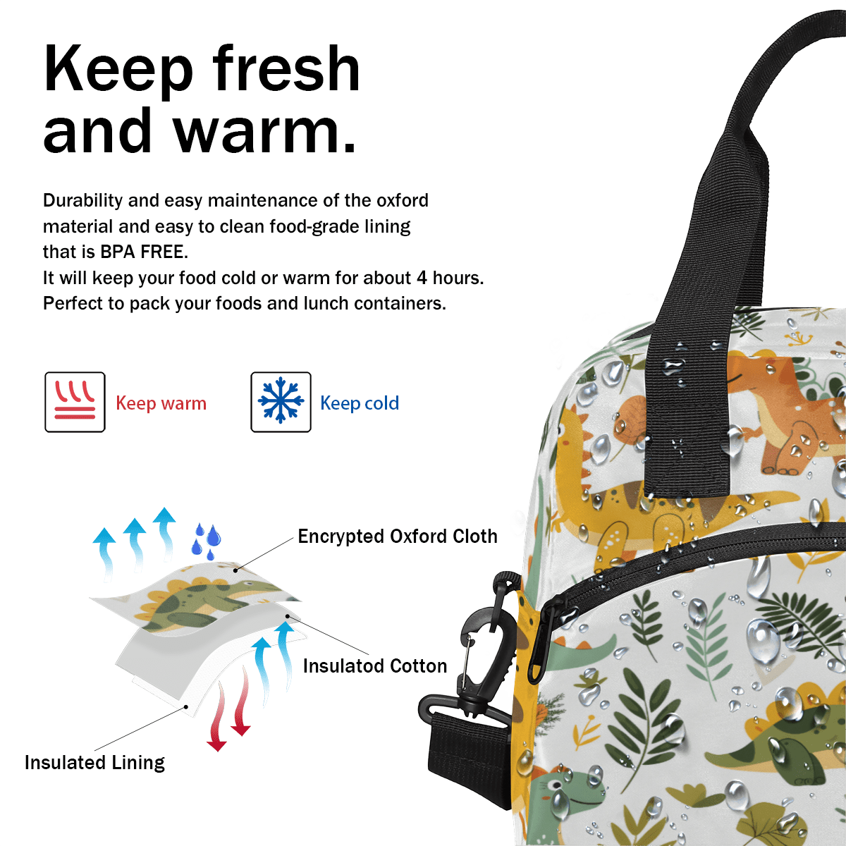 Herdesigns Dinosaur Insulated Lunch Bag for Women Men Adults Large Reusable Lunch Box Cute Dino Leakproof Cooler Tote Bags with Adjustable Shoulder Strap