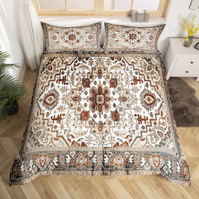 Persian Duvet Cover Twin, Exotic Flowers Bedding Set, Brown Grey