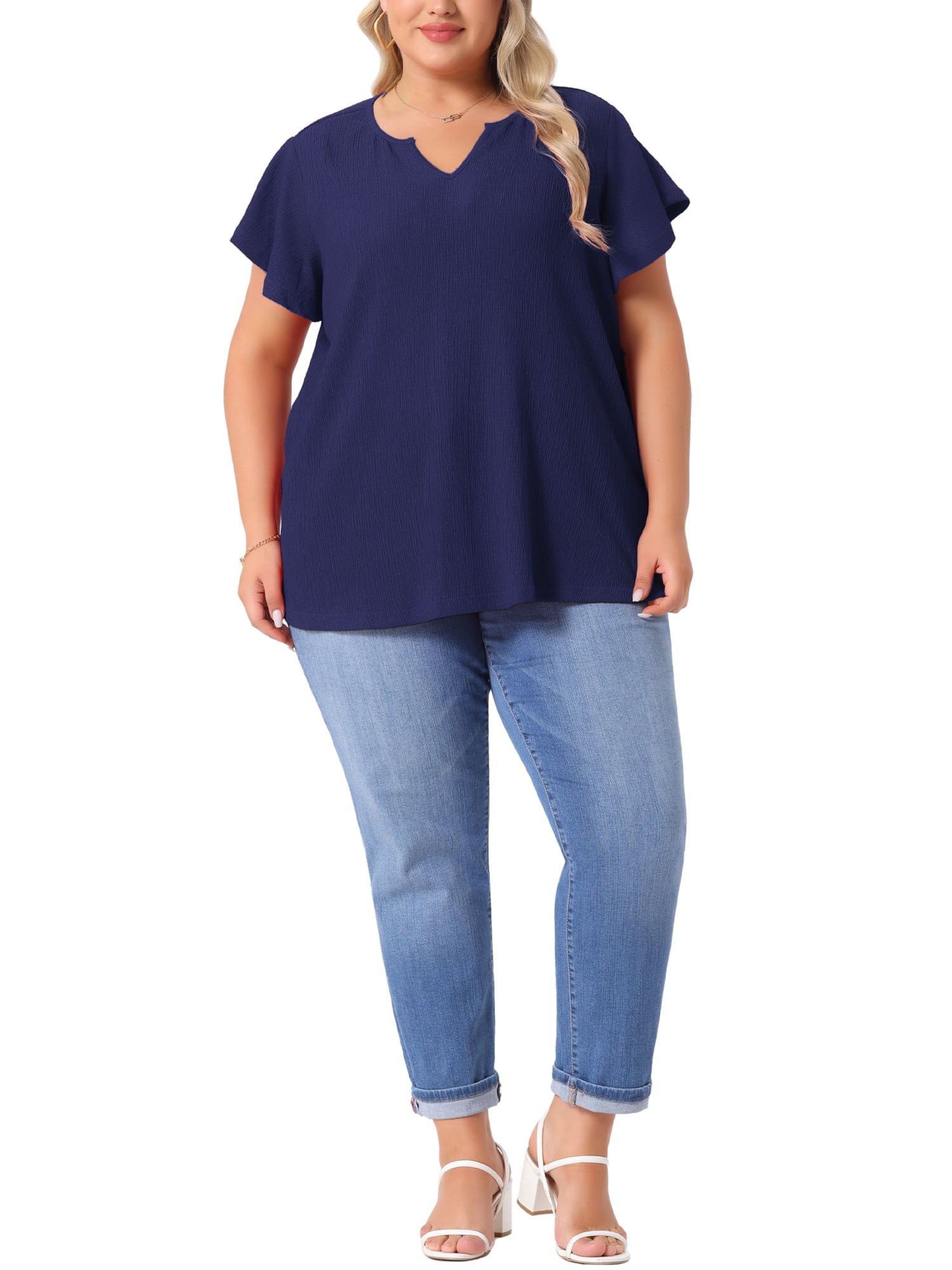 DARING DIVA Women's Plus Tops V Neck Ruffle T Shirt Blouses 2X Navy Blue