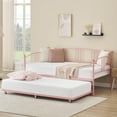 thumbnail image 1 of Twin Metal Daybed with Trundle, Pullout Trundle Bed Frame with Arched Headboard, Guest Sofa Bed with Steel Slat Support, No Box Spring Required, Easy Assembly, Pink, 1 of 6