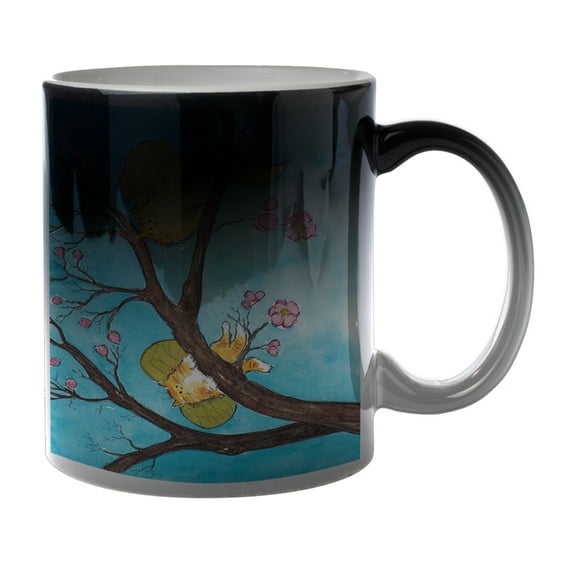 KuzmarK Black Heat Morph Color Changing Coffee Cup Mug 11 Ounce - Ginger Tabby Tiger Kitty Fairies with Pink Dogwood Fantasy Cat Art by Denise Every