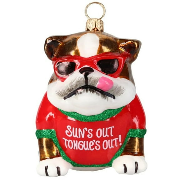 Joy to the World Bulldog wearing Sun's Out Tongue's Out Shirt Polish Glass Ornament