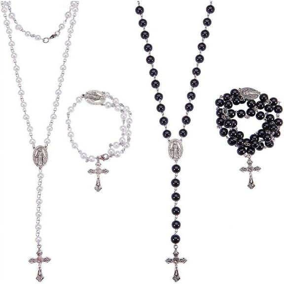 DIY 2 Sets Rosary Making Kit Rosary Necklace Kit - 2 Strands 6mm 8mm White Black Handmade Glass Pearl Beaded Chain Crucifix Oval Centerpiece Jump Rings Lobster Claw Clasps Instruction making