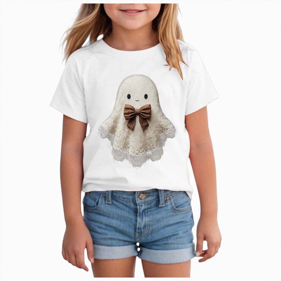 xaweyi Kids Halloween Cute Ghost T Shirt Short Sleeve Crew Neck Girls Graphic Holiday Top,Sizes 7-8 Years