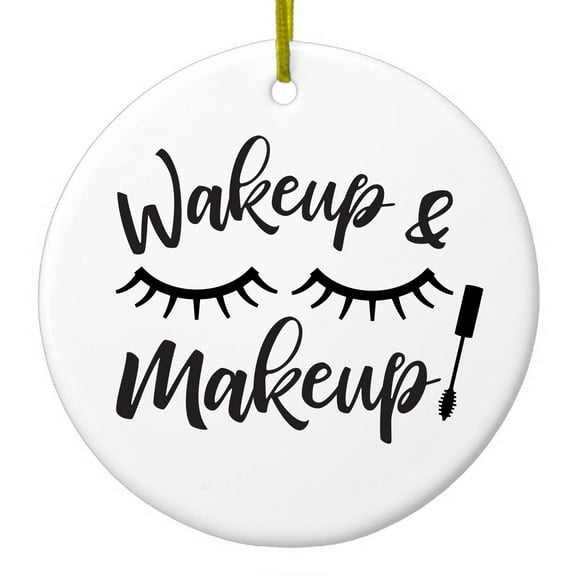 DistinctInk Hanging Ceramic Christmass Tree Ornament with Gold String - Great Gift / Present - 2 3/4 inch diameter - Wake Up & Makeup - Eye Lashes