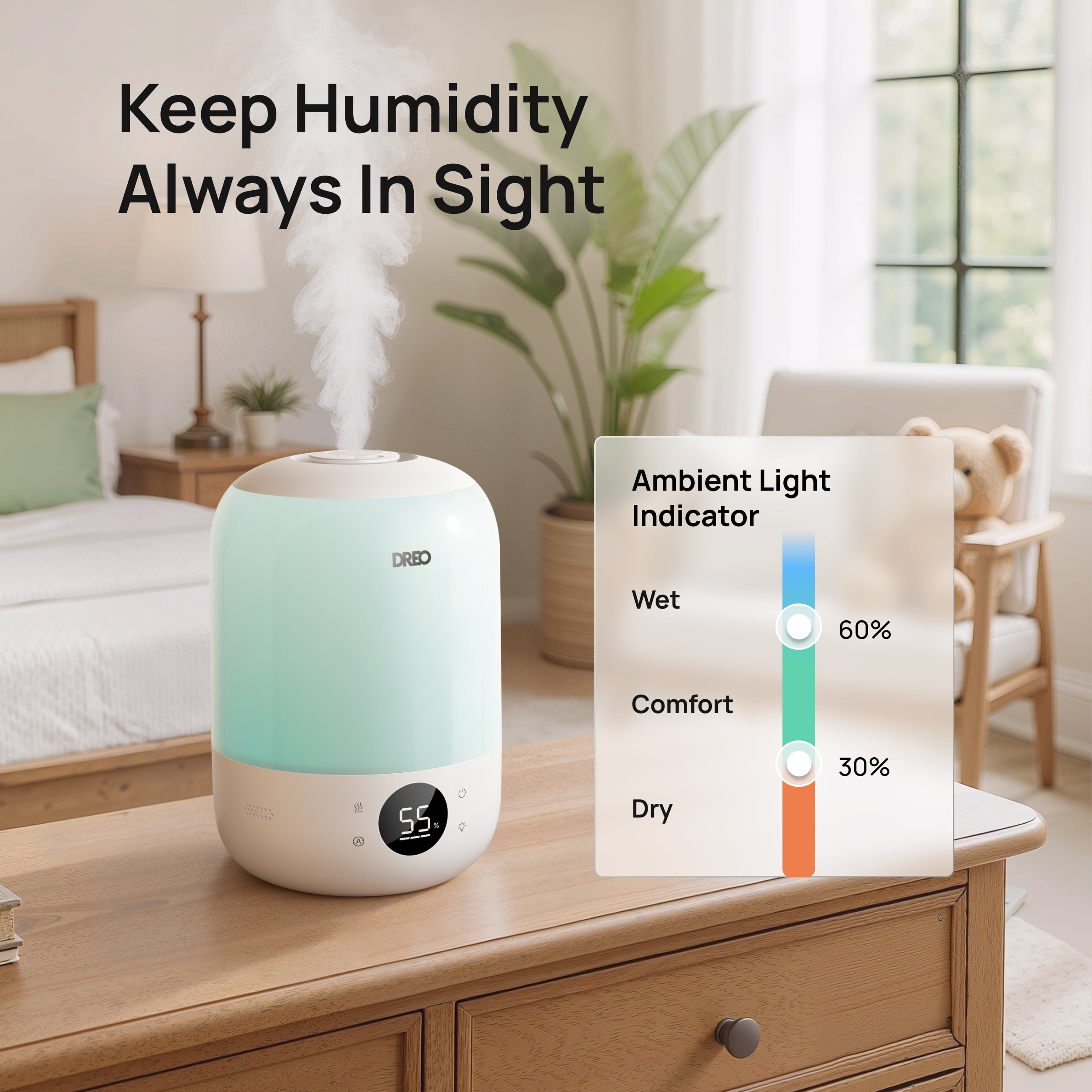 DREO Cool Mist Humidifier for Room, 3.7L Top-Fill & 35H Runtime Ultrasonic Humidifier, Custom Humidity Setting, Light Indicator & Aroma Tray, 26dB Quiet Humidifier for Home, Baby Bedroom, White
