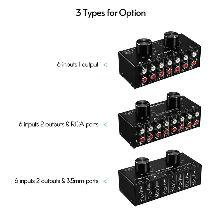 LYNEPAUAIO 6-In-2-Out Audio Switcher Two-Way Audio Signal Selector Box  Splitter Distributor with RCA Inputs & Outputs