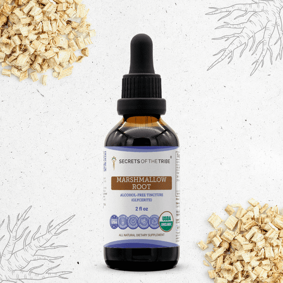 Secrets Of The Tribe Marshmallow Root Organic Dietary Supplement, Natural Herbal Tincture for Soothing Support, Certified Organic Marshmallow (Althaea officinalis) Dried Root Alcohol-Free 2 oz