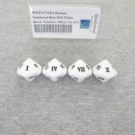 Roman Numberal Dice D10 White with Black Numbers 20mm (25/32in) Set of 4 Wondertrail
