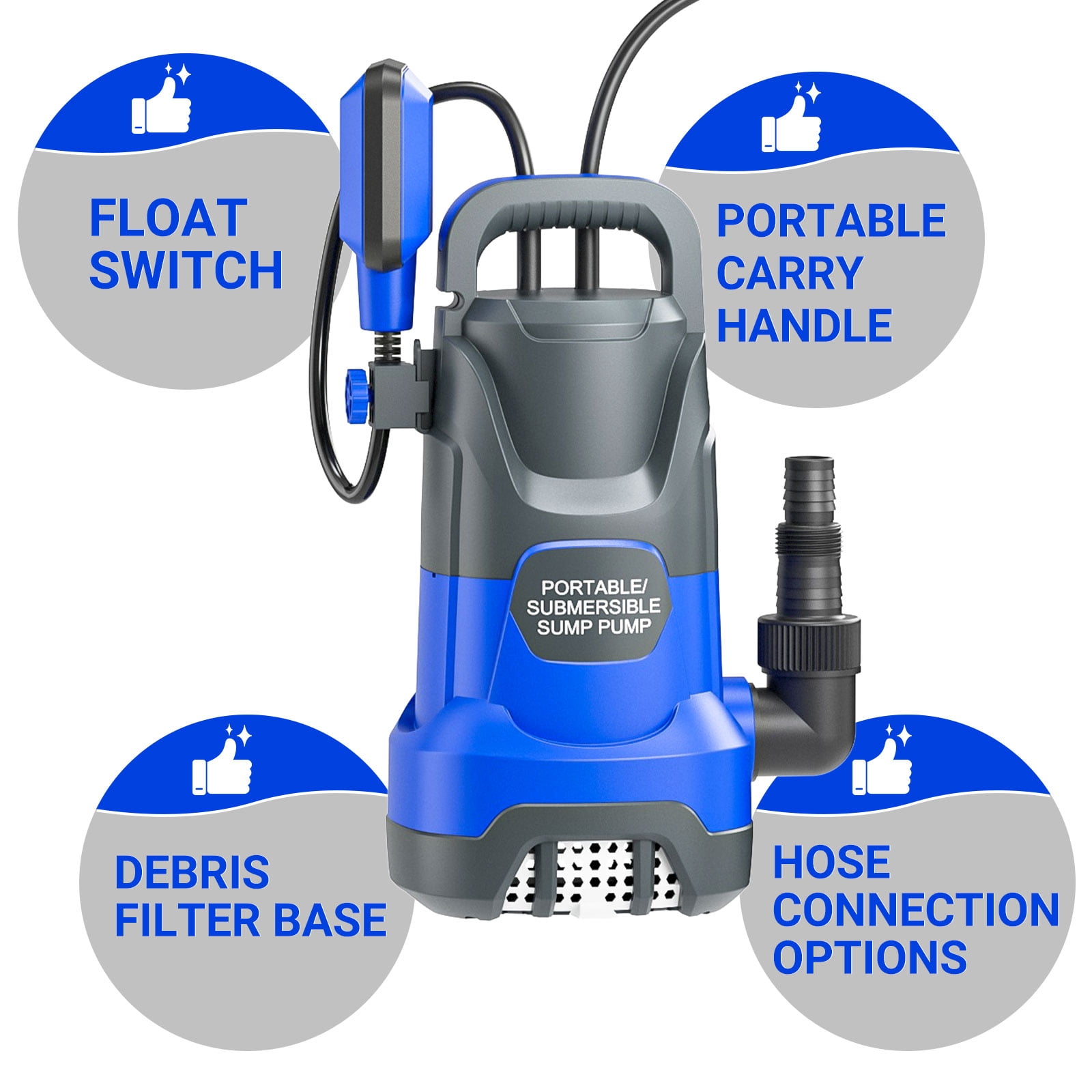 Sump Pump Submersible Water Pump 1HP 3700GPH with Float Switch Portable Water Transfer Pump Electric for Pool Draining Hot Tub Basement Utility Pumps