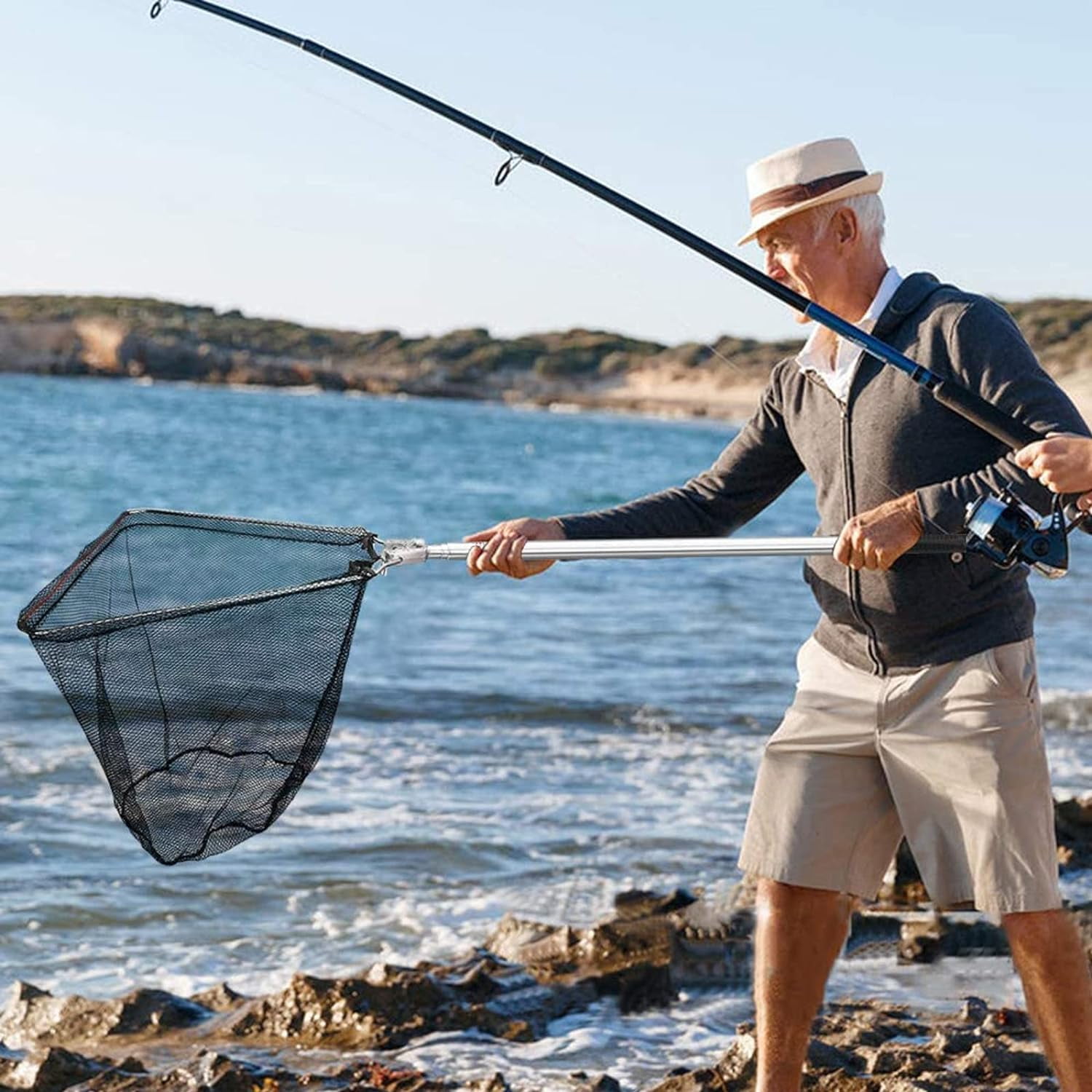 IBEEDOW Fishing Net Long Handle, Fish Landing Net with Telescopic Pole Handle, Collapsible Fishing Nets for Kids Adults in Saltwater Freshwater, Extend to 40-51 Inches