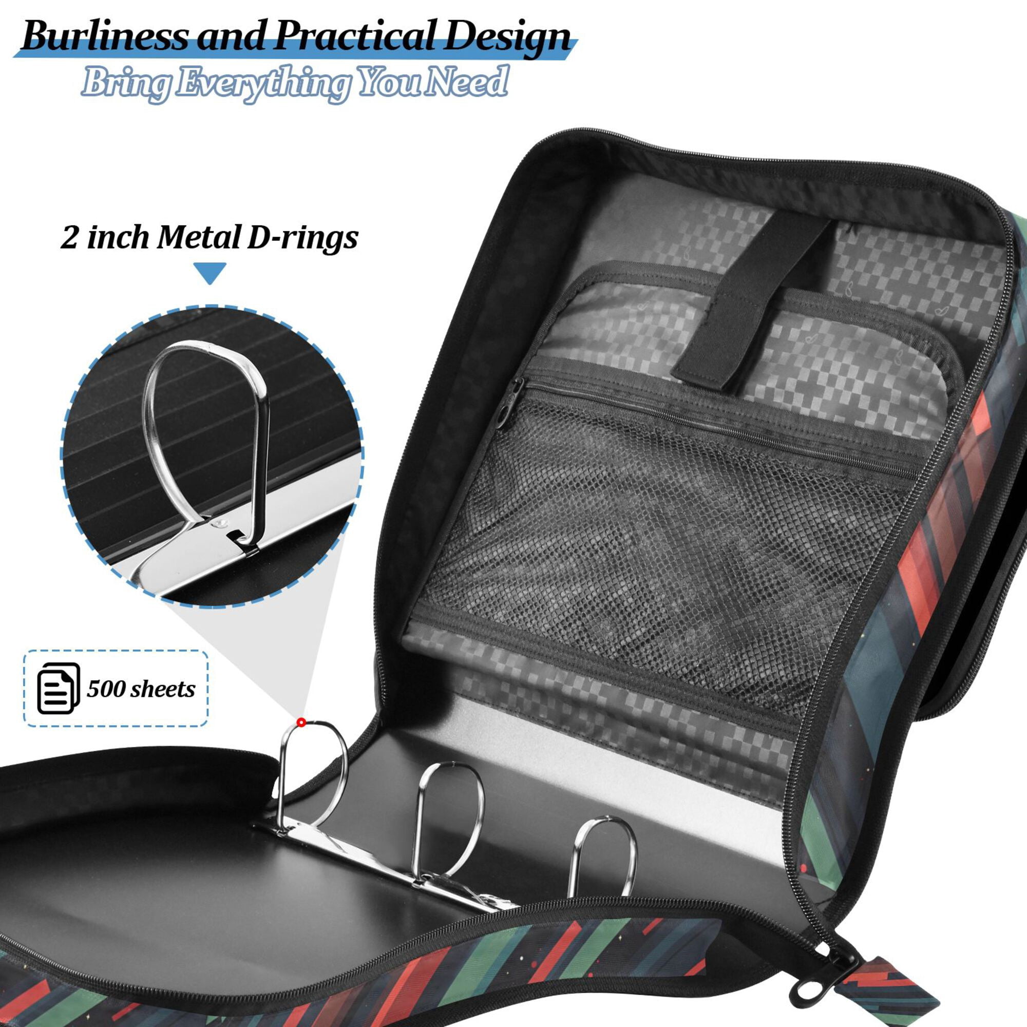 FORMRS Zipper Binder with Shoulder Strap 2-inch Ring 500 Sheet Capacity File Bag, Red Abstract Lines