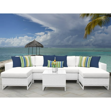 All Weather White Wicker - TK Classics Miami Wicker 7 Piece Patio Conversation Set with Ottomans