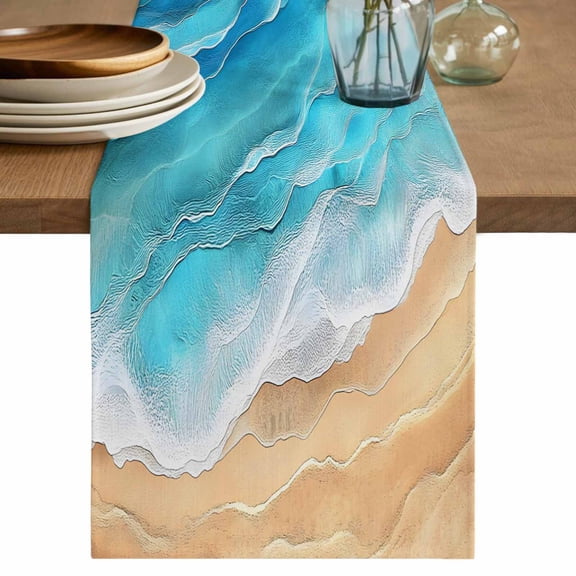 Teal Blue Coastal Beach Table Runner 108 Inches, Summer Nautical Ocean Beige Seaside Bed Runner Dresser Scarves Tabletop for Indoor Outdoor Parties/Ceremony/Banquet, 13"x 108"
