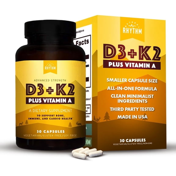Natural Rhythm Vitamin D3 5000 IU Plus Vitamin K2 Immune Support Supplements, 30 Capsules