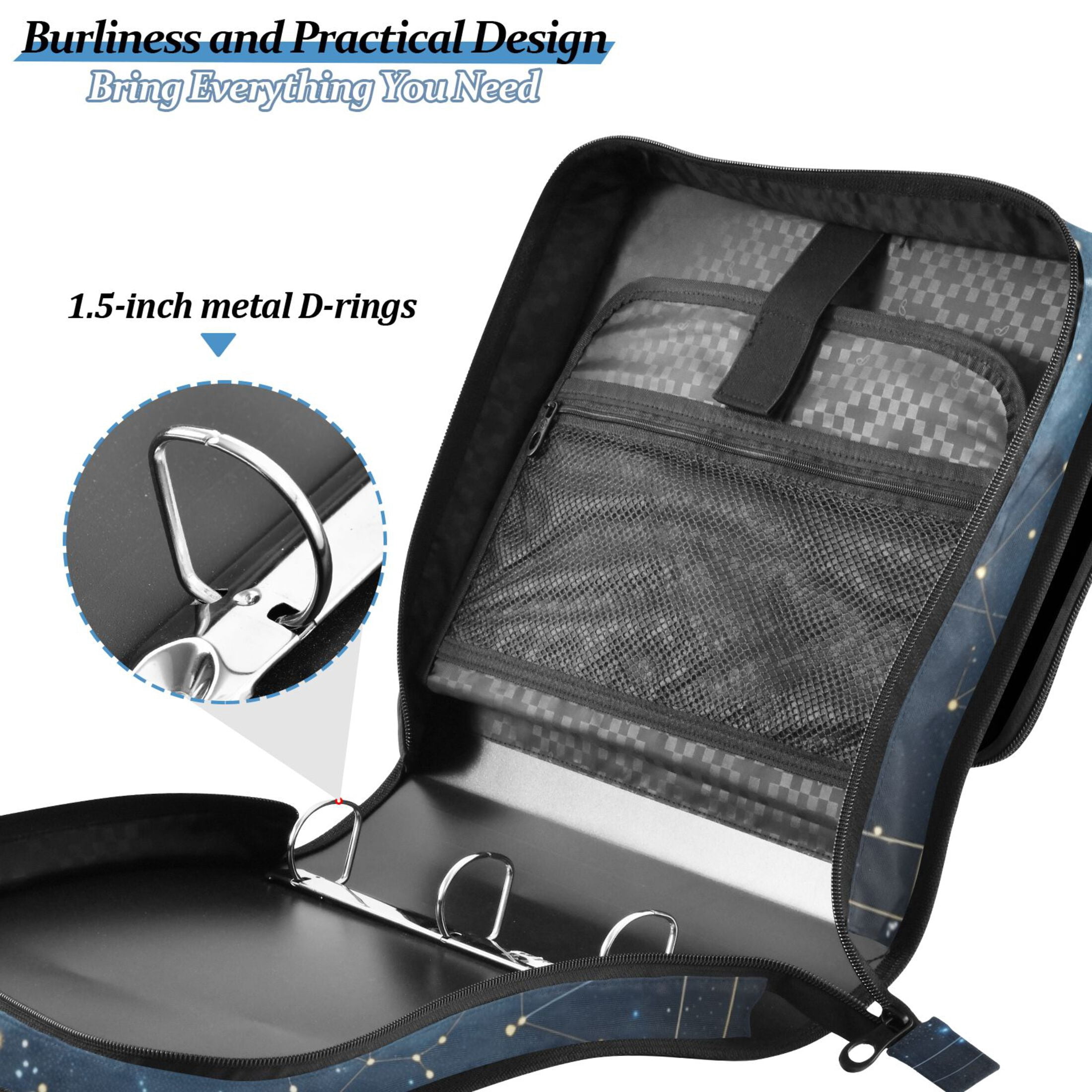 3 Ring Zipper Binder with Shoulder Strap Waterproof Trapper Keeper 2 Inch D-Ring 500 Sheets Capacity Star Constellation
