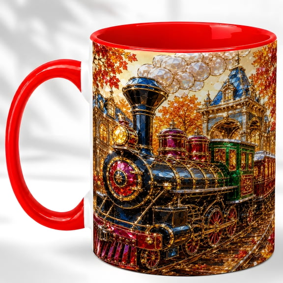 Jeweled Steam Train Coffee Mug, Autumn Locomotive Mug, Ceramic 11 oz