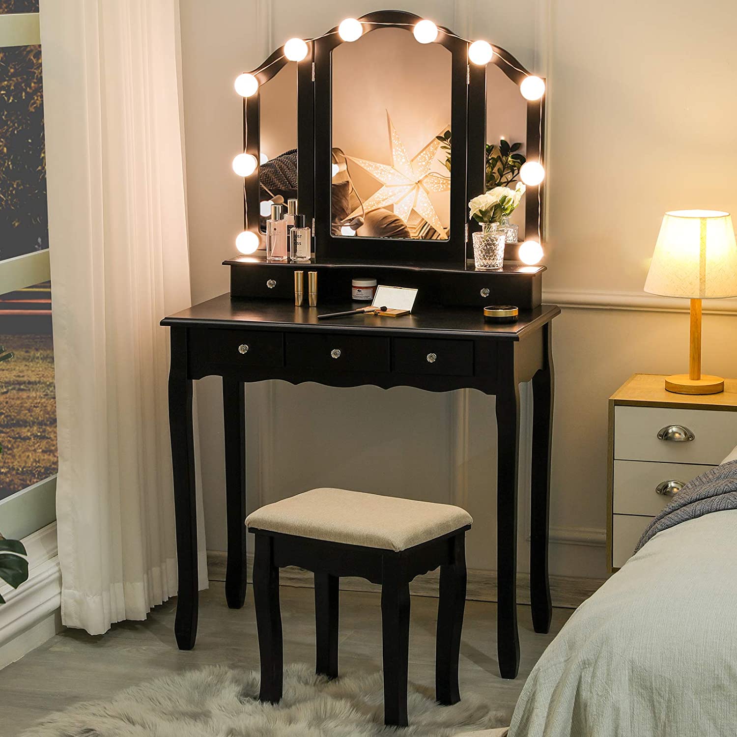Tiptiper Make up Vanity Set with Lighted Tri-Folding Mirror, Vanity 