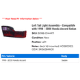thumbnail image 2 of Left Tail Light Assembly - Compatible with 1998 - 2000 Honda Accord Sedan 1999, 2 of 2