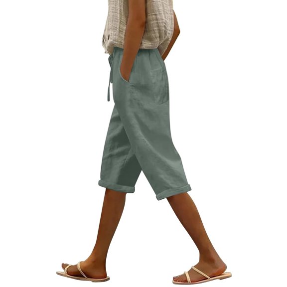 Wutalume Women's Fashion Casual Loose Solid Color Capri Pants with Front and Back Pockets Summer Beach Vacation,Army Green L