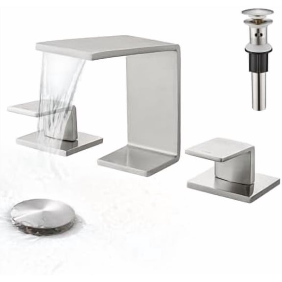Brushed nICKEL wATERFALL bATHROOM fAUCET - bATHROOM fAUCETS FOR sINK 3 hOLE, 8 iNCH wIDESPREAD bATHROOM sINK fAUCET 2 hANDLES, sTAINLESS sTEEL vANITY fAUCET WITH pOP-UP dRAIN & sUPPLY lINES