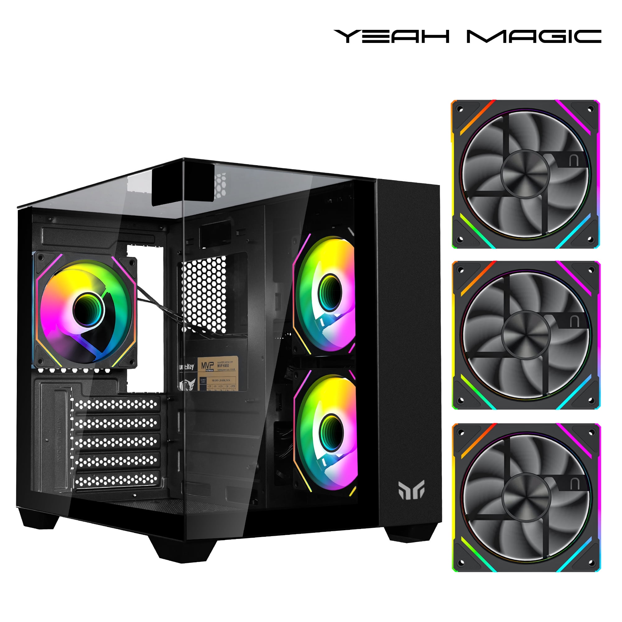 YEAH MAGIC CUBE Gaming ITX Computer Case Tempered Glass Three-sided Transparent Support Mid-Tower With 3 RGB Fans 3D Panoramic View MATX Gaming Desktop Chassis Black