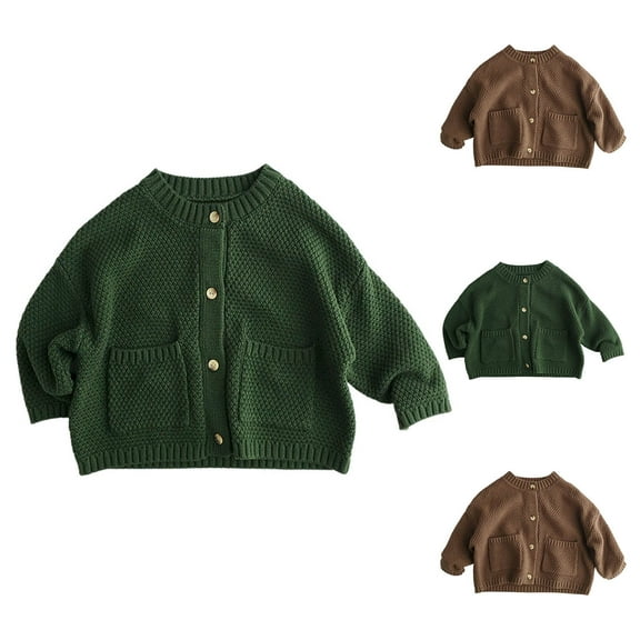 AINIYS Little Kids Girl Cardigan Sweater Long Sleeve Button Up Knit Crewneck Sweater Jacket Little Kids Girl Coat with Pockets Coffee 5 Years
