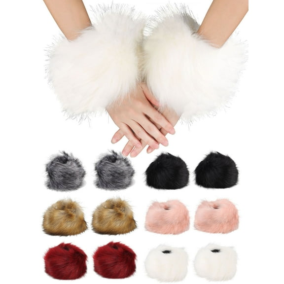 Deago Women's Winter Faux Fur Wrist Cuffs Fox Furry Bands Arm Warmer, White