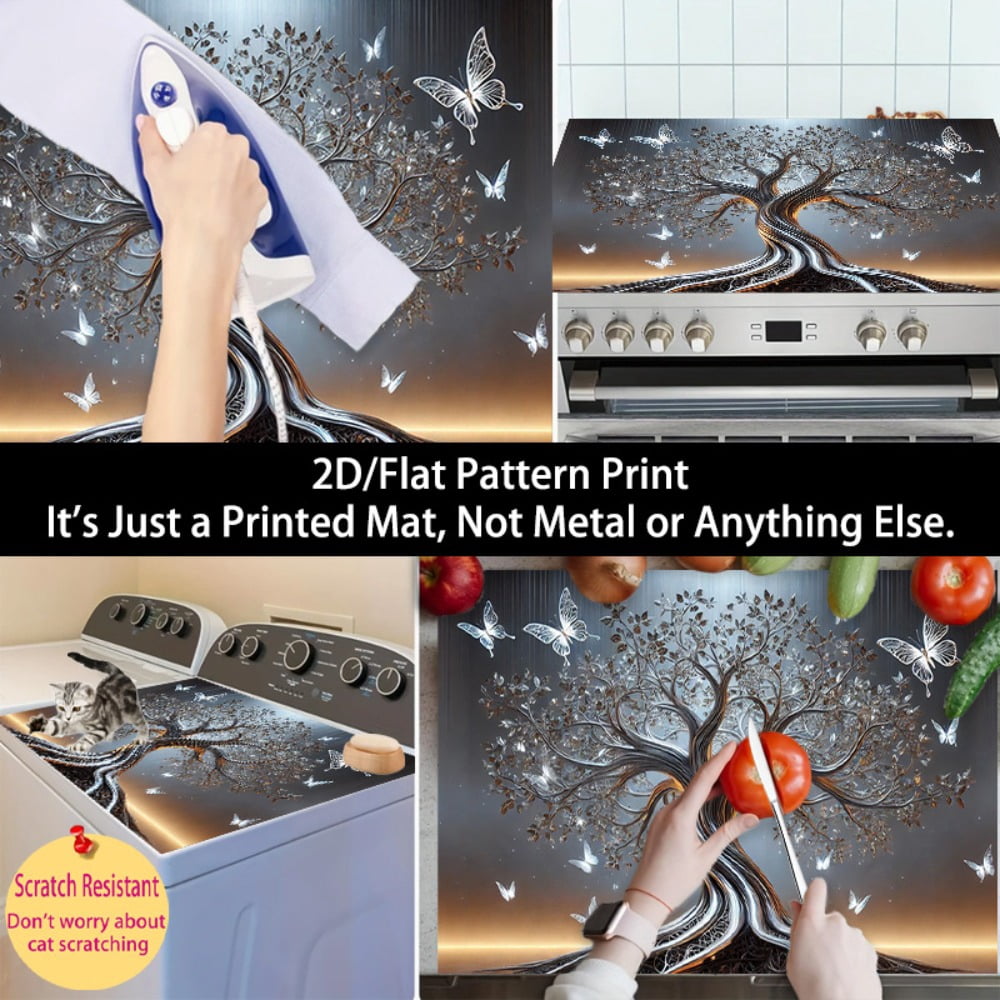 1 2D/flat stove cover protection pad, silver-brown crystal butterfly decorative tree pattern design, 28.3x20.5 inches (72×52cm), easy to clean, perfectly suitable for any kitchen, washing machine, dr
