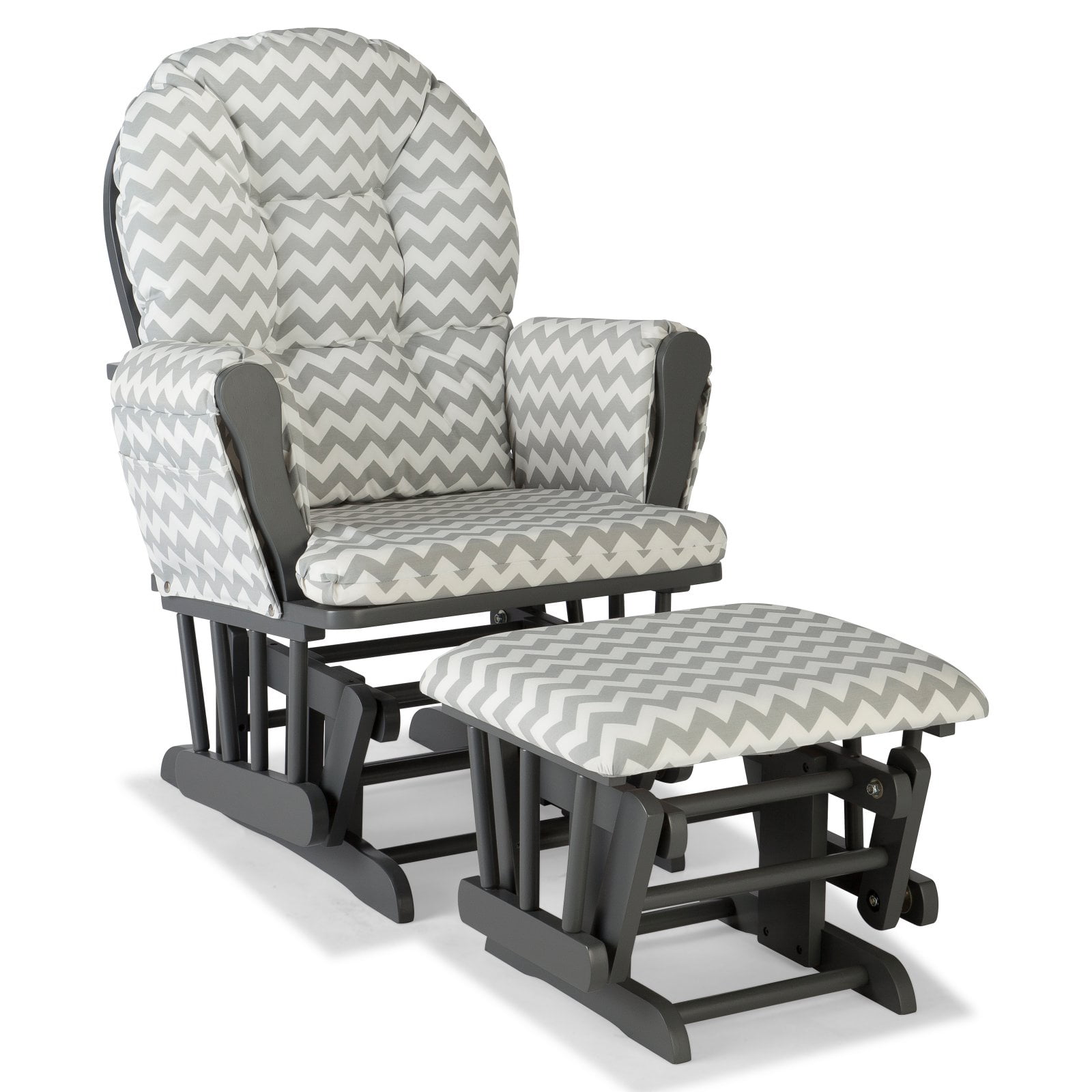 white glider rocker with gray cushions