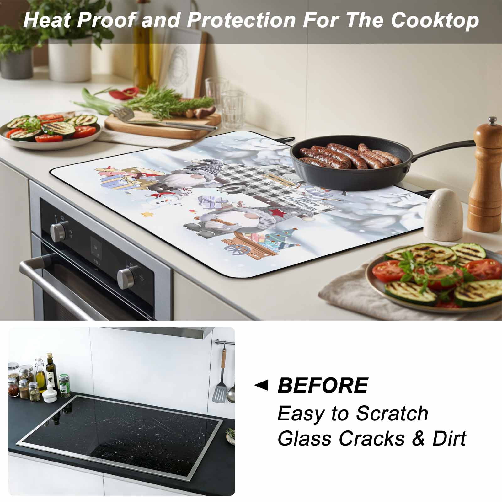 Merry Christmas Stove Top Cover for Electric Stove, Heat-proof & Non Slip Glass Top Stove Cover Protector, Winter Xmas Snowman Gnome Gift Snowflake Kitchen Flat Cooktop Rubber Mat 24x21 Inches