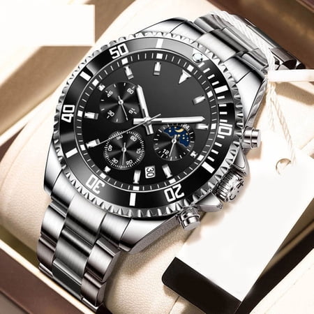DESIGNICE Mens Watches Chronograph Luxury Dress Moon Phase Quartz Stainless Steel Waterproof Luminous Business Calendar Wrist Watch Black Dial Watch for Men