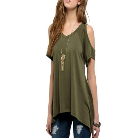 Outtop Sexy Women Casual V-Neck Off Shoulder T-Shirt Short Sleeve Solid Stretch (Best Stretches For Tight Neck And Shoulders)