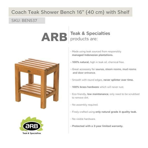 ARB TEAK & SPECIALTIES BEN537 Teak Shower Bench Coach 16' (40 cm) with shelf