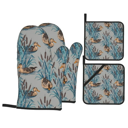 

WARHOOME Oven Mitts and Pot Holders Sets Heat-Resistant Lotus Pond Duck Pattern BBQ Glove Oven Mitt Hot Pads Kitchen Cooking Baking Grilling 4Pcs