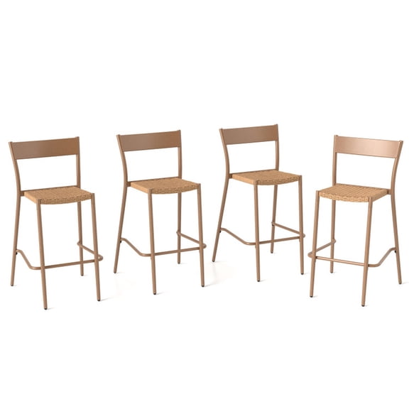 Biotree Outdoor Bar Stools Set of 4 Patio Barstools with Rattan Seat and Metal Backrest for Garden and Backyard, Light Brown
