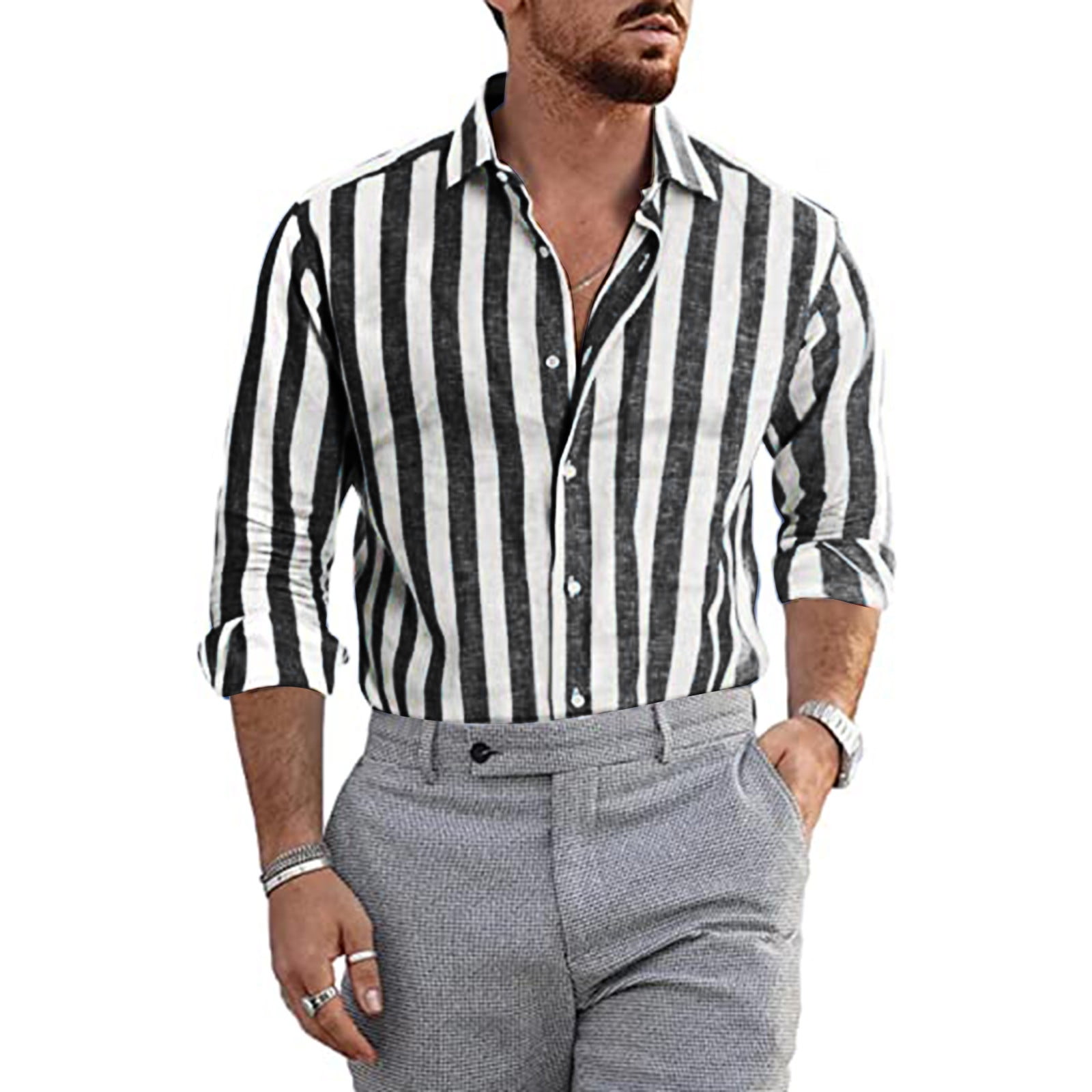 Mens 60s Retro Clothes Mens Fashion Casual Striped Linen Buckle